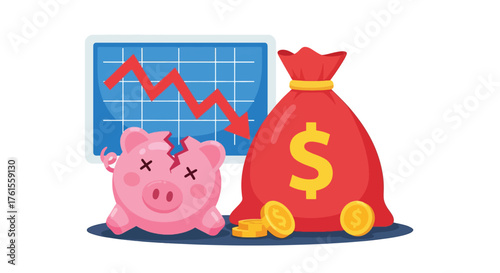 Broken Piggy Bank and Falling Graph Symbolizing Financial Loss.