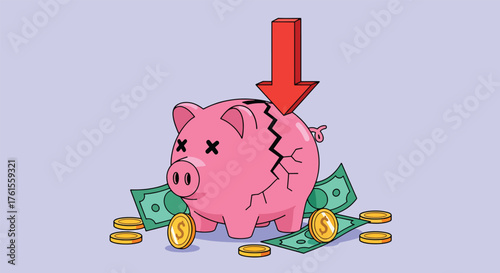 Broken Pink Piggy Bank with Money and Downward Arrow Symbolizing Financial Loss.