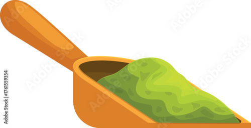 Wooden scoop holding pile of green matcha powder, isolated on white background