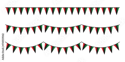 Red, black and green colored party bunting as the colors of the Pan-African flag. For Juneteenth and Black History Month. Flat design illustration.	