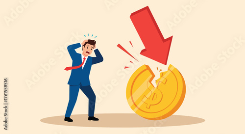 Businessman Reacts to Crashing Coin and Downward Arrow Symbolizing Financial Loss.