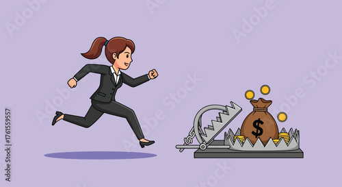 Businesswoman chasing a money bag in a trap.