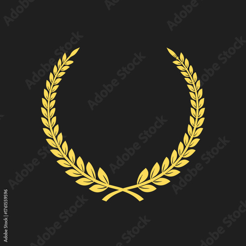 Gold laurel wreath, Golden circular laurel olive branches Greek wreath vector illustration, A winner award of olive, stars of victory symbol, achievement heraldry symbol isolated on black background

