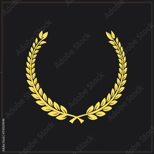 Gold laurel wreath, Golden circular laurel olive branches Greek wreath vector illustration, A winner award of olive, stars of victory symbol, achievement heraldry symbol isolated on black background

