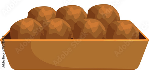 Seven cooked meatballs are neatly arranged in a rectangular, light brown tray, suggesting a recently prepared meal