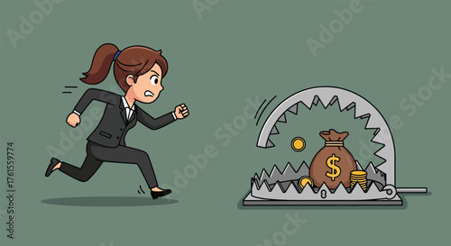 Cartoon businesswoman running towards a money bag in a bear trap.