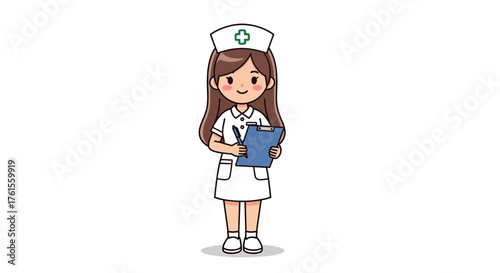 Cartoon Nurse with Clipboard and Pen in Uniform.