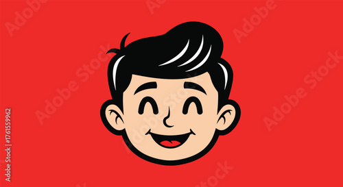 Cheerful Cartoon Boy Face with Black Hair and Smiling Expression.