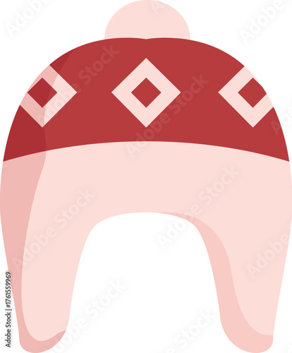 Red and pink winter hat with pompom and diamond pattern, providing warmth and comfort during cold weather