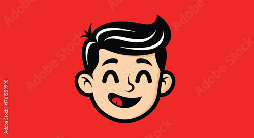 Cheerful cartoon boys face with a wide smile and black hair.