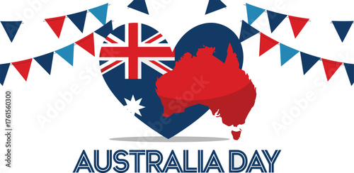 Australia Day Celebration FlagHeart, Continent Map, Pennant Banner Illustration for Australian National Holiday