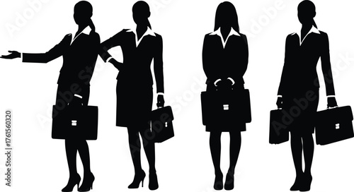 Businesswoman silhouette set with briefcases in stylish poses showing professionalism, confidence, fashion, and corporate lifestyle vector art