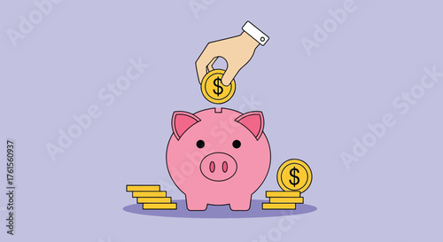 Hand depositing gold coin into a pink piggy bank with stacked coins.