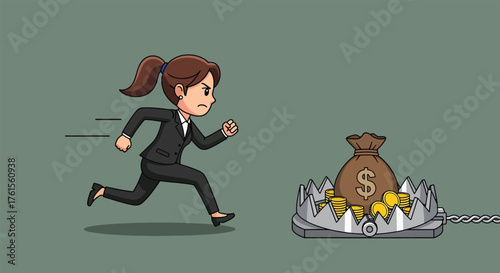 Determined businesswoman chases bag of money in a dangerous trap.