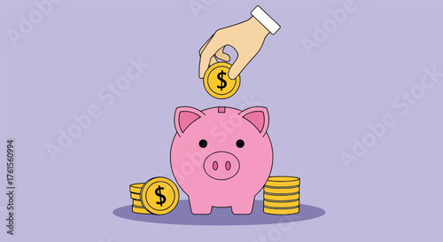 Hand inserting gold coin into pink piggy bank with stacked coins.