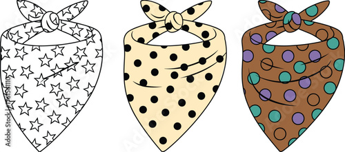 Bandana scarf flat sketch, printed neck scarf vector, polka dot and star pattern design, colorful fashion accessory illustration, headwear template