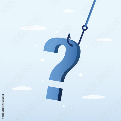 Scam problem. Question mark on the hook. Bait and deception. Education and business concept