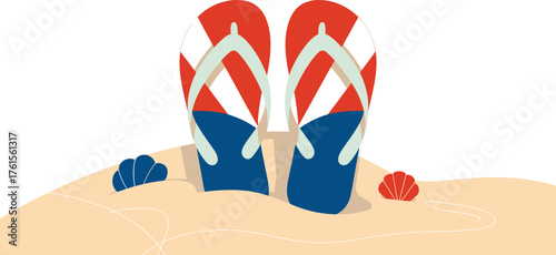 Beach Flip Flops with Shells Illustration on Sand, Orange, Blue and White Colors