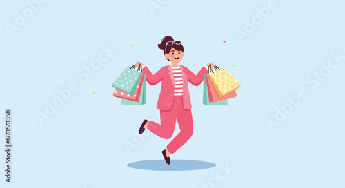 Joyful Woman in Pink Outfit Carrying Shopping Bags.