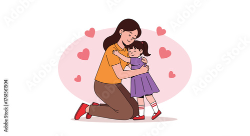 Loving mother embracing her young daughter with affection and care.