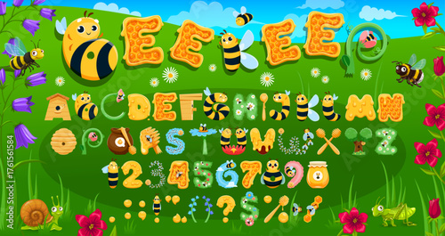 Cartoon apiary type, honey bee font, funny beekeeping typeface, kids English alphabet. Bright playful abc children education with cute honeybee insects and apiary items, letters, numbers and signs