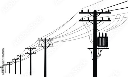 Electric power poles, utility line silhouette, electricity distribution system, transformer on pole, energy i