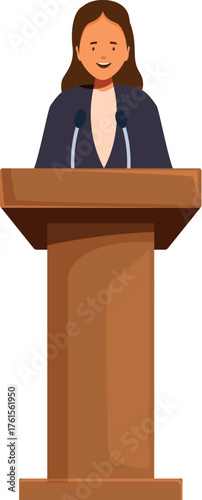Politician speaking at wooden podium with microphones, delivering a speech