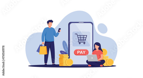 Online Shopping and Payment with Mobile Device and Laptop.