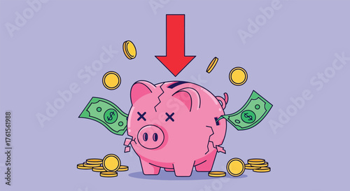 Pink Piggy Bank with Falling Coins and Bills Red Down Arrow.