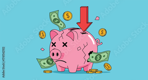 Sad Broken Piggy Bank with Money Falling Out and Downward Arrow.