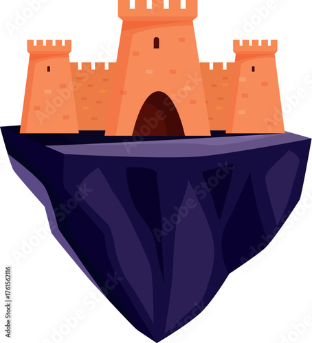 Orange medieval castle with towers and walls standing on a floating island, fantasy illustration