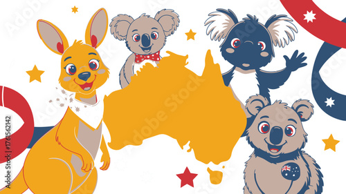 Cartoon Kangaroo and Koalas with Australian Map, Stars, and Flag Illustration on White