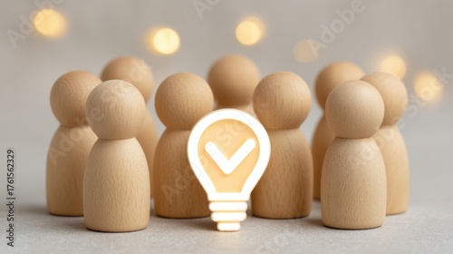 Wood figurines representing teamwork surrounding a glowing light bulb symbolizing ideas, innovation, and collaboration in business and creative environments