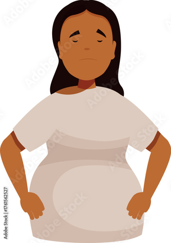 Pregnant woman feeling sad and anxious, holding her belly, experiencing discomfort during pregnancy