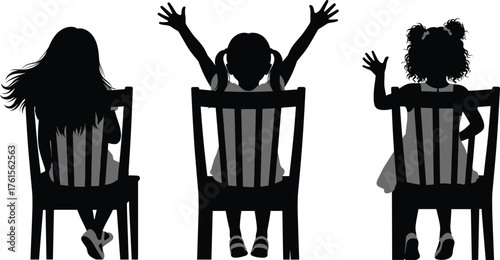 Children sitting silhouette set showing expressive gestures, diverse hairstyles, seated posture, individuality, emotion, and social interaction vector art