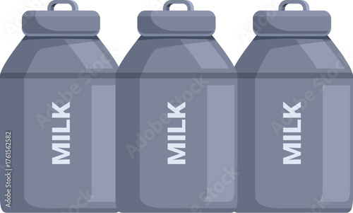 Row of metal milk cans containing fresh cow milk, ready for processing or delivery