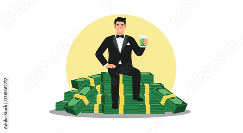 Wealthy Man in Tuxedo Sitting on Stack of Money Holding Drink.