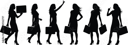 Businesswoman silhouette set with briefcase, confident poses, career gestures, leadership, empowerment, professionalism, success, and corporate attitude