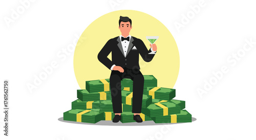Wealthy Man in Tuxedo Sitting on Stack of Money Holding Trophy.