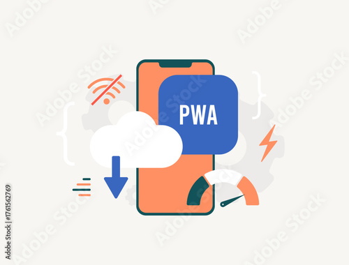 Progressive web apps combine mobile app speed and website reach, enabling developers and no-code builders to create fast, reliable, installable applications. Isolated pwa vector illustration
