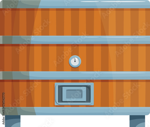 Large wooden tank brewing beer or wine, showing pressure gauge and hatch, in winery or brewery