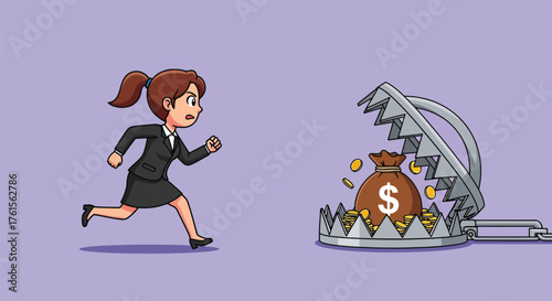 Woman running towards a money bag in a trap.