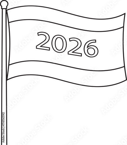 Minimal vector waving flag with 2026 number, clean outline line art, simple transparent background design