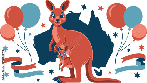 Cartoon Kangaroo with Joey, Australia Map, Balloons, Stars, and Ribbons Illustration