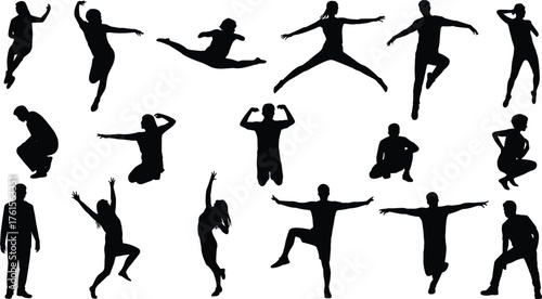 Human silhouette poses collection, people jumping dancing standing, black vector figures, body movement illustration set, fitness motion concept, active lifestyle silhouette design