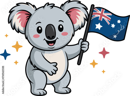 Cartoon Koala Holding an Australian Flag Surrounded by Stars Illustration