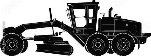 Motor grader silhouette, heavy construction equipment, road grading machinery, civil engineering vehicle, industrial earthmoving machine, 