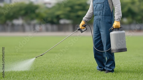 Close-Up of Person Wearing Protective Gear Applying Pesticide to Lush Green Lawn with Sprayer for Effective Lawn Care Maintenance and Pest Control