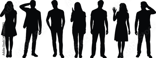 People silhouettes, standing poses vector, man and woman clipart, casual figure icons, fashion pose silhouettes, character design set, modern people outline