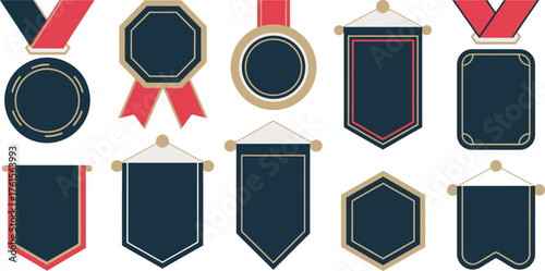 Collection of Decorative Medals and Banners with Red Ribbon, Navy Blue Fill, and Gold Accents